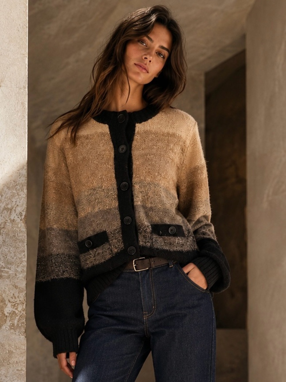 Nation LTD Alpaca Wool Ombré Colorblock Berenice Cardigan in White Brown, Size S